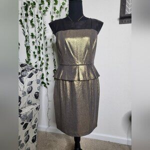 💚HP💚NWT Cynthia Steffe Gold Peplum Bodycon Mini Dress With Black Leather